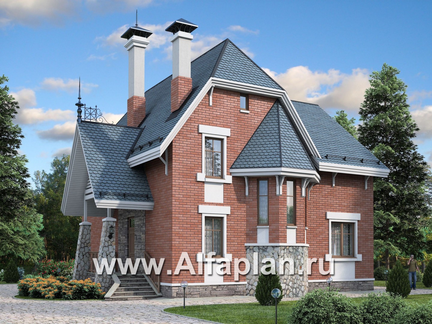 Проекты домов Альфаплан - «Лавиери»- проект дома с изящным крыльцом и эркером - основное изображение