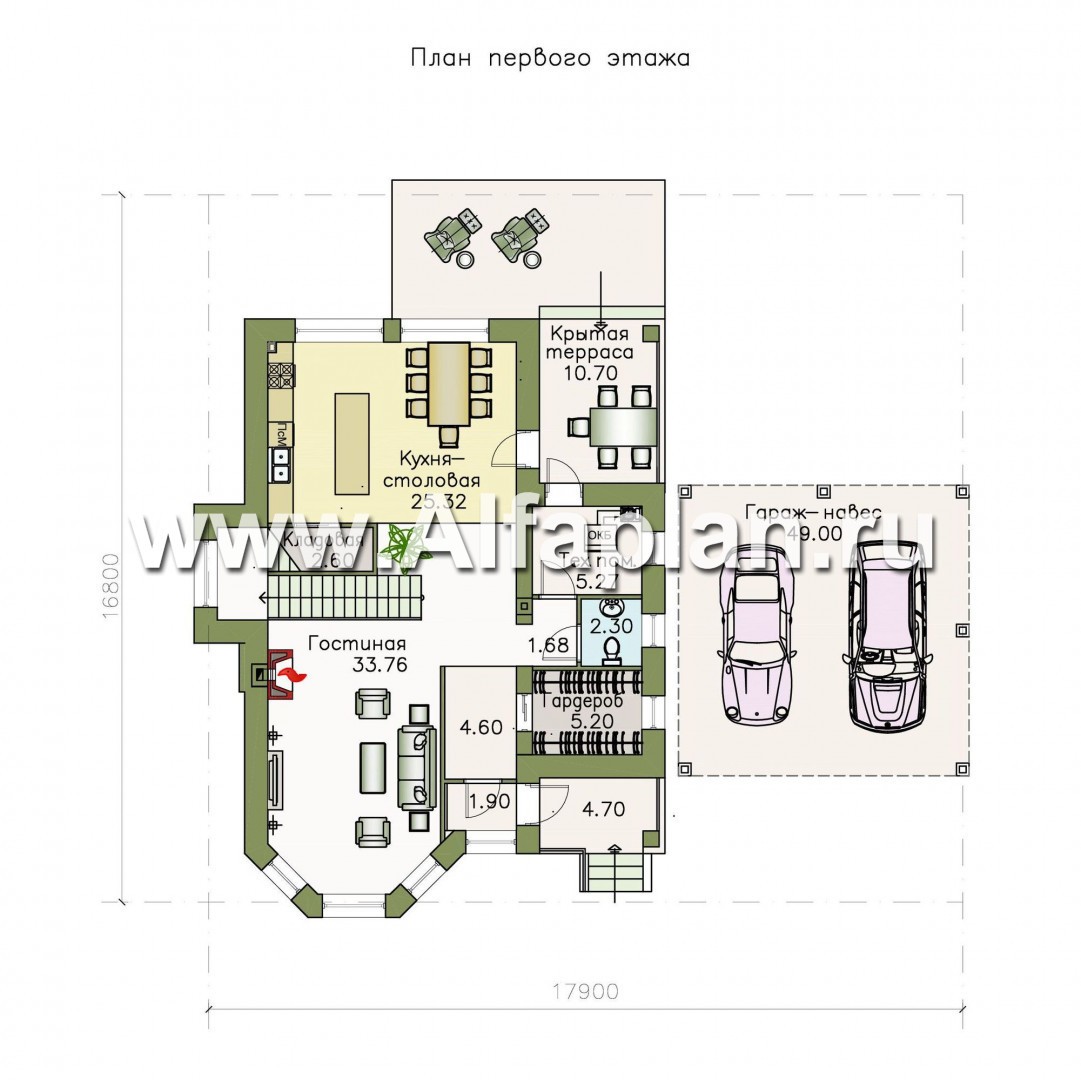 Проекты домов Альфаплан - «Безоблачный край» - коттедж с эркером и навесом для машин - план проекта №1
