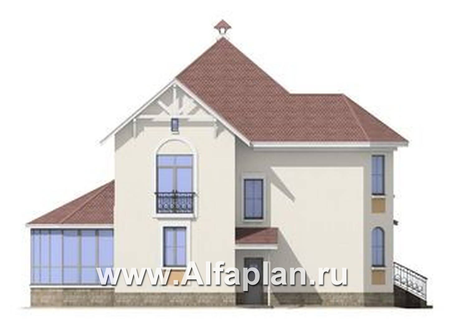 «Амбиент»- проект двухэтажного дома с эркером и с террасой, открытая планировка, в стиле замка - фасад дома