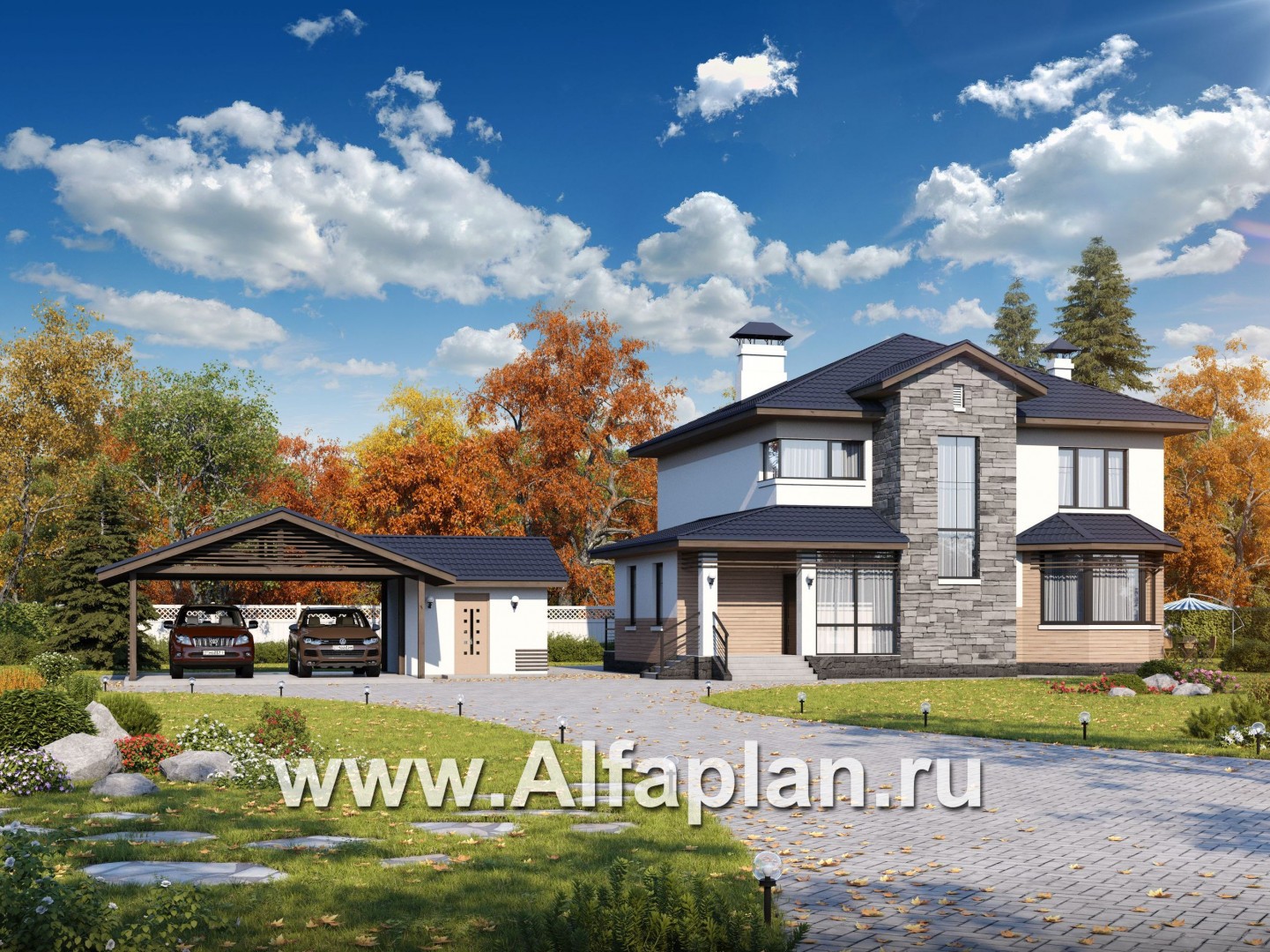 «Оазис»_ДУО - проект двухэтажного коттеджа в скандинавском стиле + проект навеса на 2 авто с кладовой - основное изображение