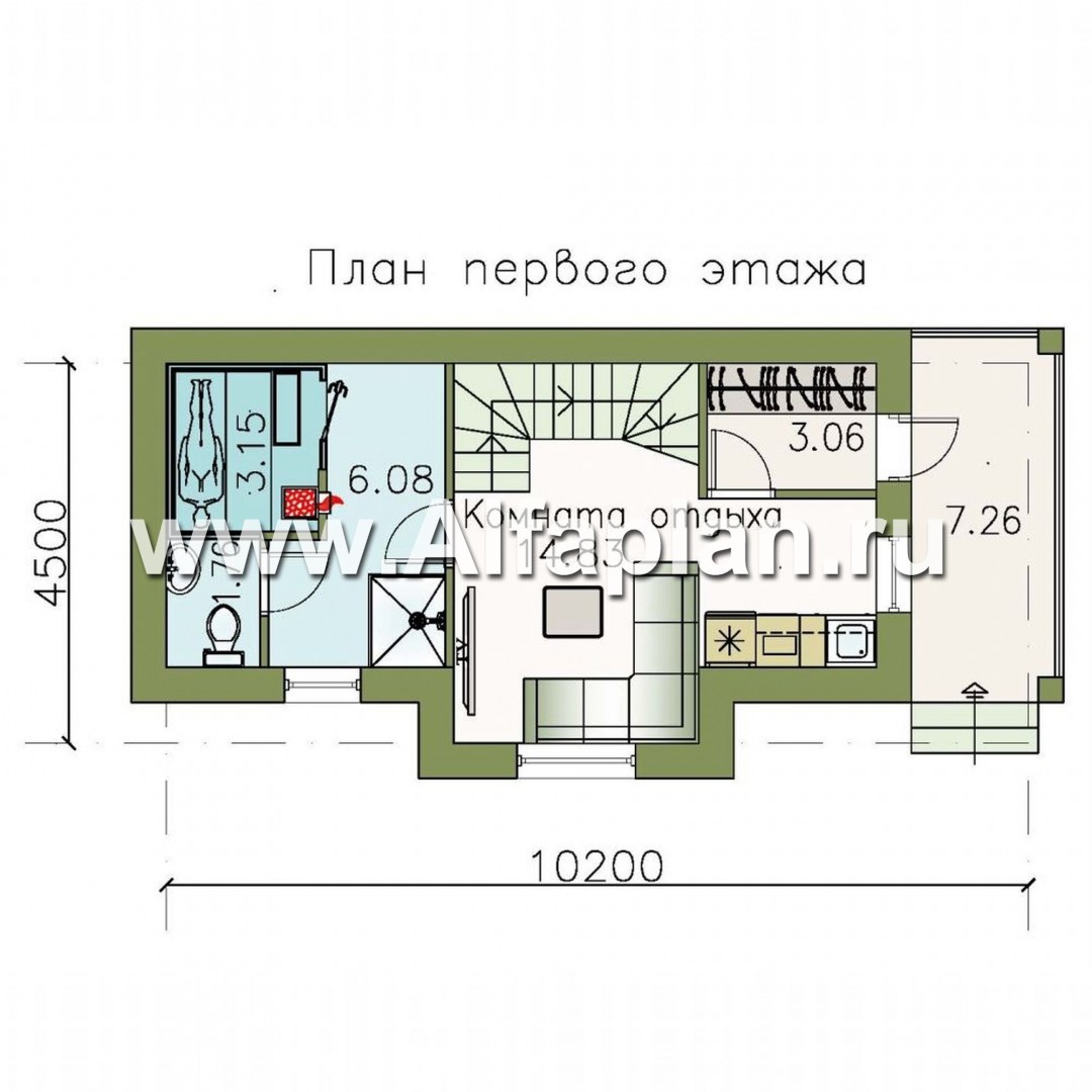Проект бани, с гостевой комнатой в мансарде - план дома