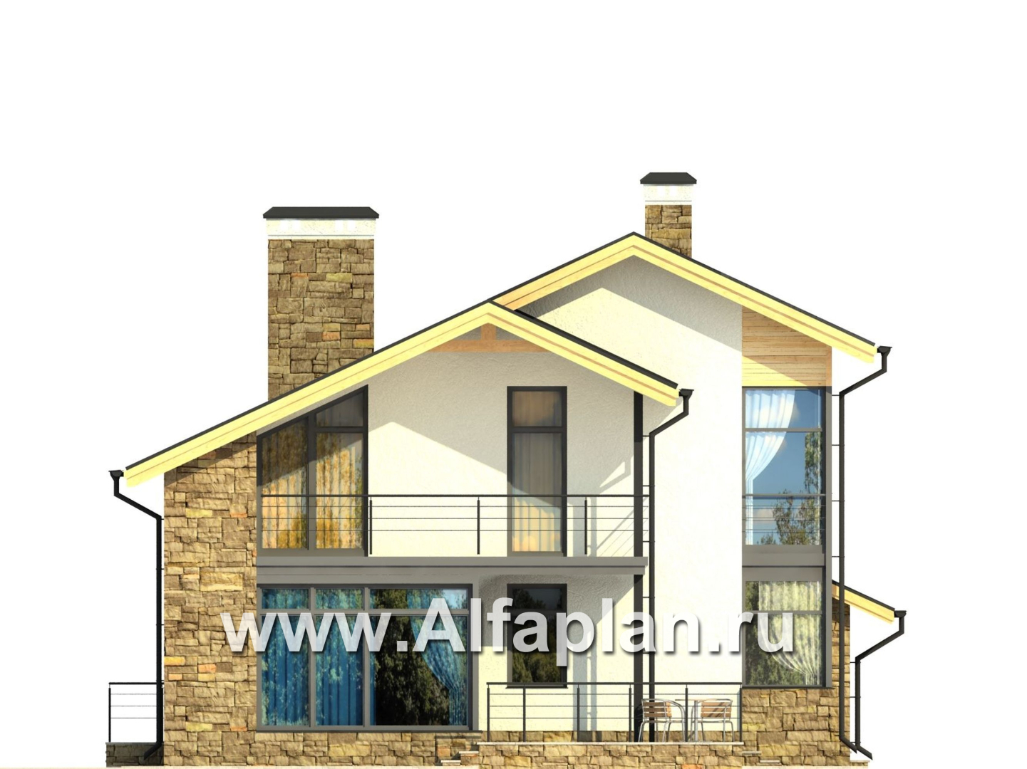 Проекты домов Альфаплан - Двухэтажный кирпичный коттедж с угловым витражом - изображение фасада №2