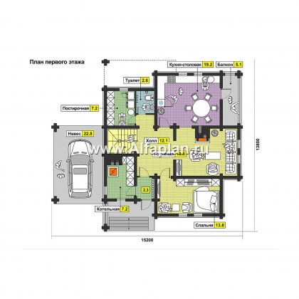 Проекты домов Альфаплан - Деревянный дом с навесом для машины - превью плана проекта №1