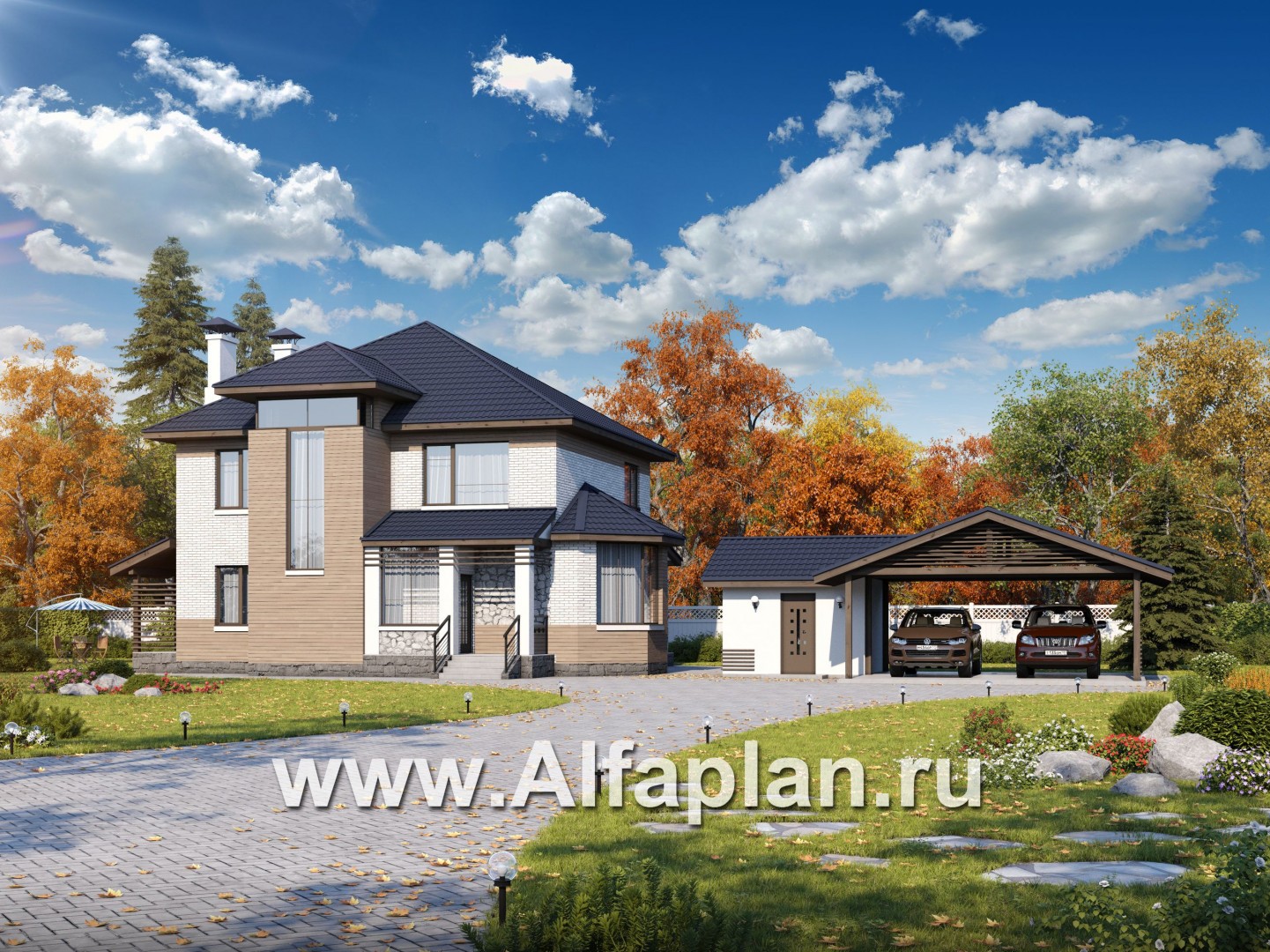 «Агент 007»_ДУО - проект двухэтажного дома + проект навеса на 2 авто с кладовой - основное изображение