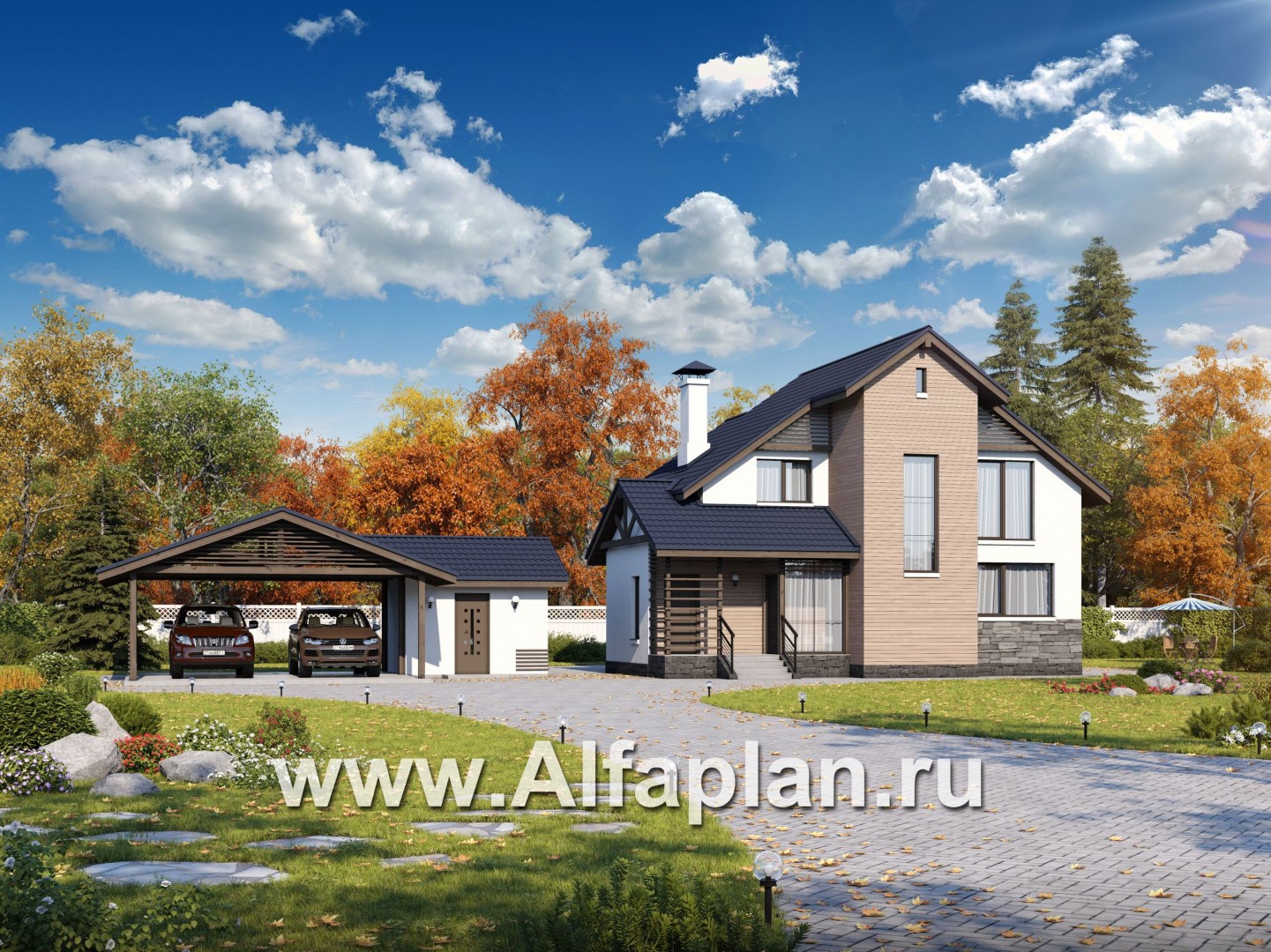 «Ожерелье»_ДУО - проект коттеджа с мансардой + проект навеса на 2 авто с кладовой - основное изображение