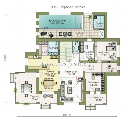 Проекты домов Альфаплан - «Арно» - классический особняк с двусветной столовой и бассейном - превью плана проекта №1