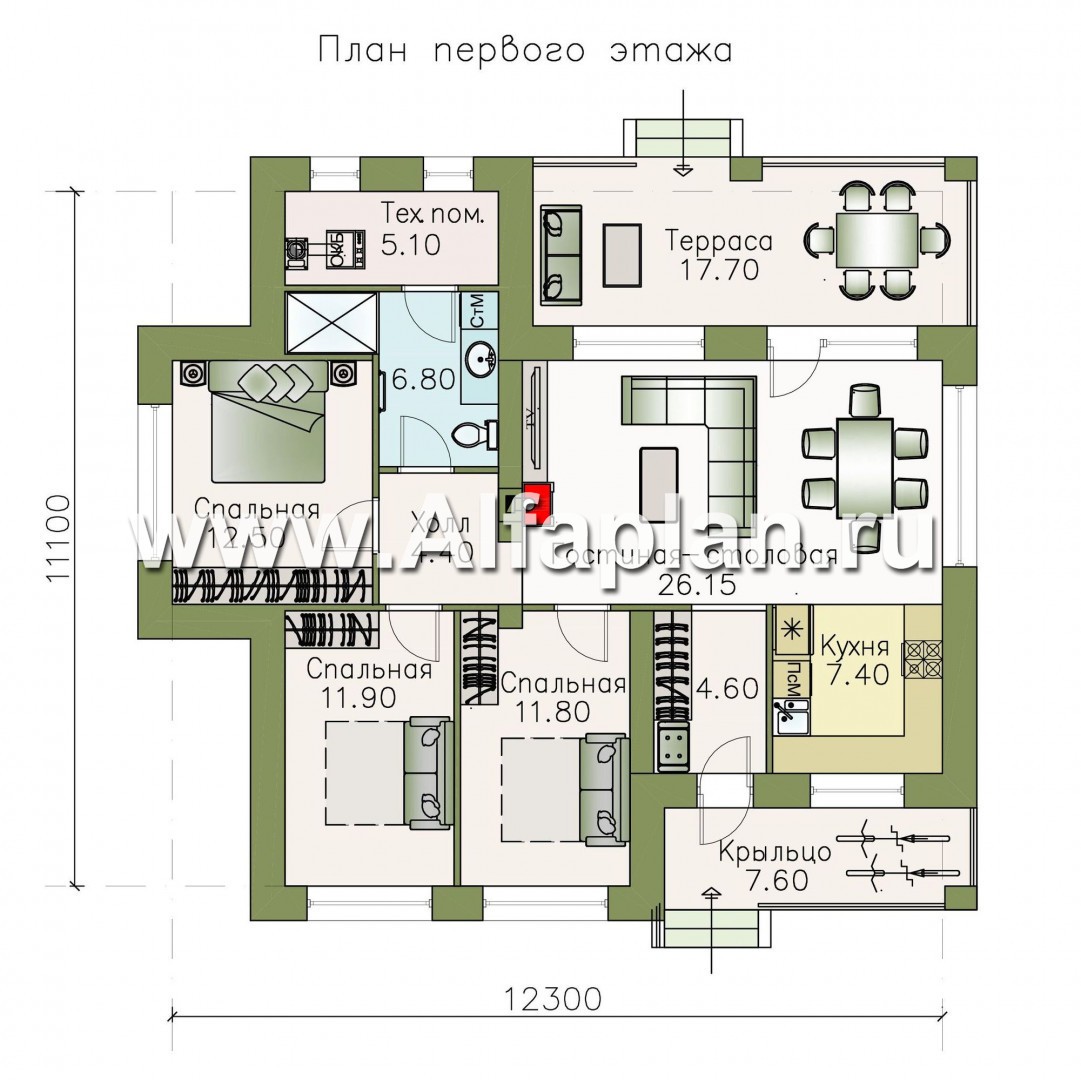 Проекты домов Альфаплан - «Волхов» - проект одноэтажного дома из кирпича с тремя спальнями - план проекта №1