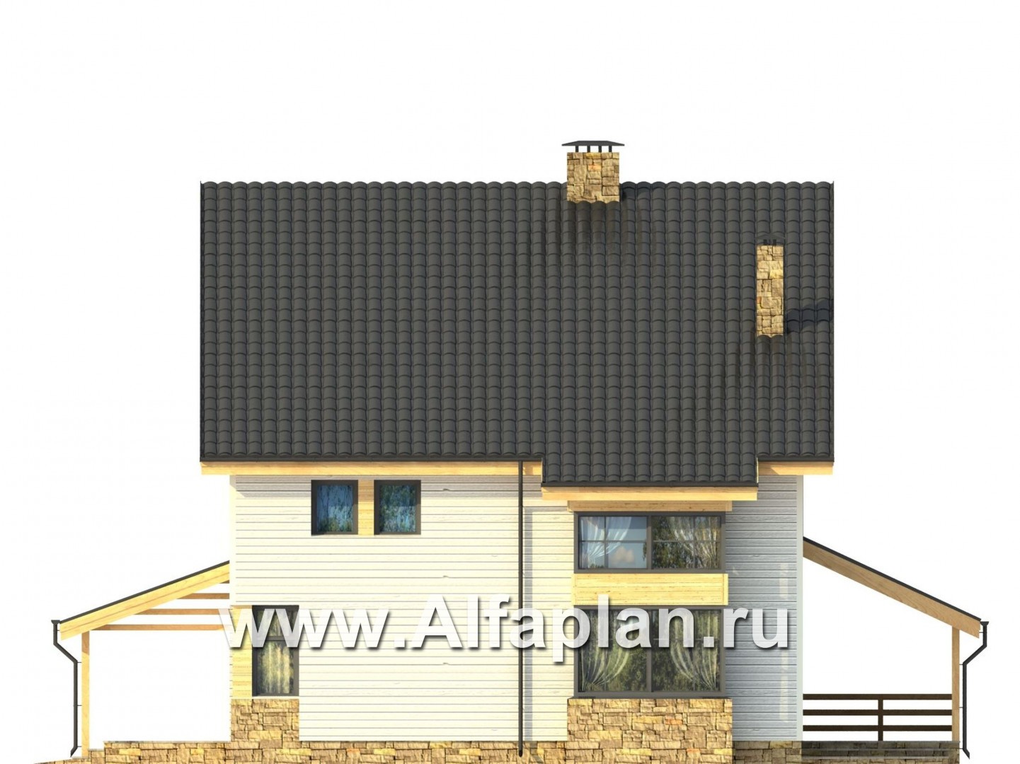 Проекты домов Альфаплан - Каркасный дом с террасой и навесом для машины - изображение фасада №1