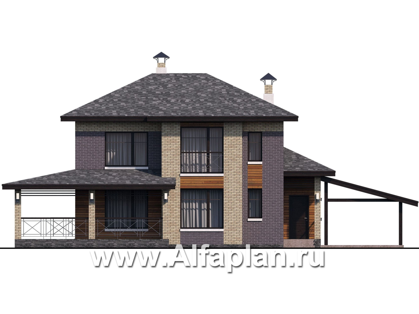 Проекты домов Альфаплан - «Стимул» - проект двухэтажного дома с угловой террасой, из кирпича, планировка с кабинетом на 1 эт, в современном стиле, с навесом на 1 авто - изображение фасада №1
