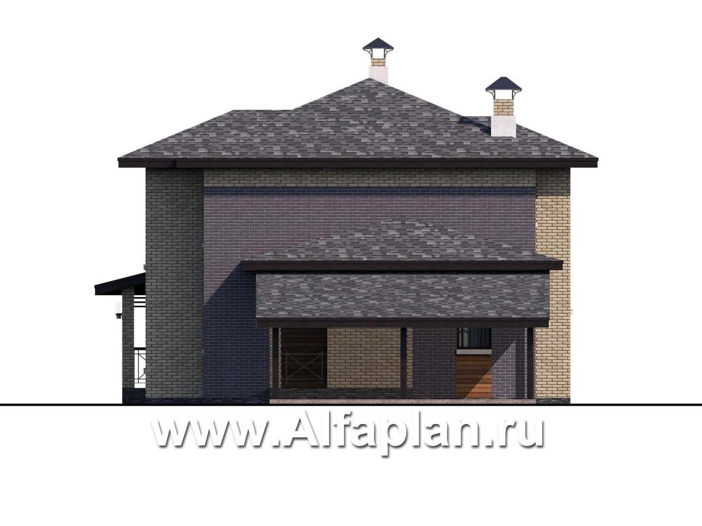 Проекты домов Альфаплан - «Стимул» - проект двухэтажного дома с угловой террасой, из кирпича, планировка с кабинетом на 1 эт, в современном стиле, с навесом на 1 авто - изображение фасада №2