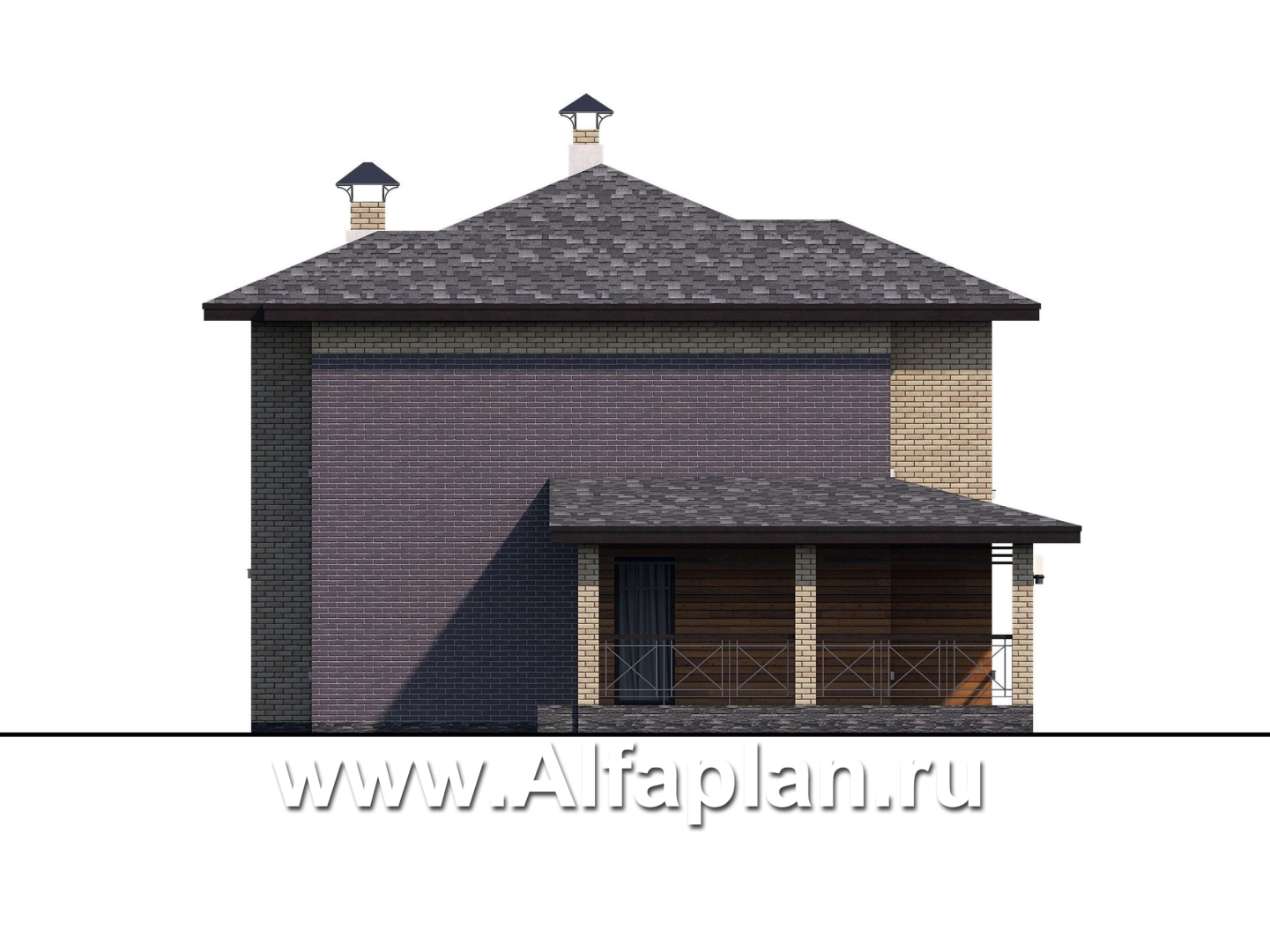 Проекты домов Альфаплан - «Стимул» - проект двухэтажного дома с угловой террасой, из кирпича, планировка с кабинетом на 1 эт, в современном стиле, с навесом на 1 авто - изображение фасада №3