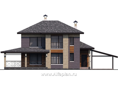 Проекты домов Альфаплан - «Стимул» - проект двухэтажного дома с угловой террасой, из кирпича, планировка с кабинетом на 1 эт, в современном стиле, с навесом на 1 авто - превью фасада №1
