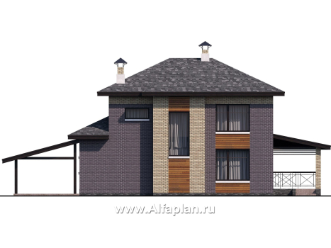 Проекты домов Альфаплан - «Стимул» - проект двухэтажного дома с угловой террасой, из кирпича, планировка с кабинетом на 1 эт, в современном стиле, с навесом на 1 авто - превью фасада №4