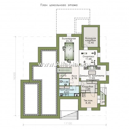 Проекты домов Альфаплан - «Современник плюс» — современный коттедж c цокольным этажом - превью плана проекта №1