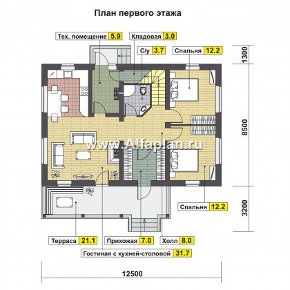 Проект дома с мансардой, планировка две спальни на 1 эт, с террасой,в стиле шале - превью план дома