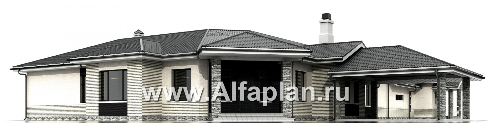 Проекты домов Альфаплан - «Модуль» — одноэтажный дом с бассейном и гостевой квартирой - изображение фасада №1