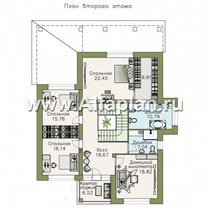 «Орлов» - проект двухэтажного дома из газобетона, с террасой и балконом, планировка с лестницей в центре - превью план дома