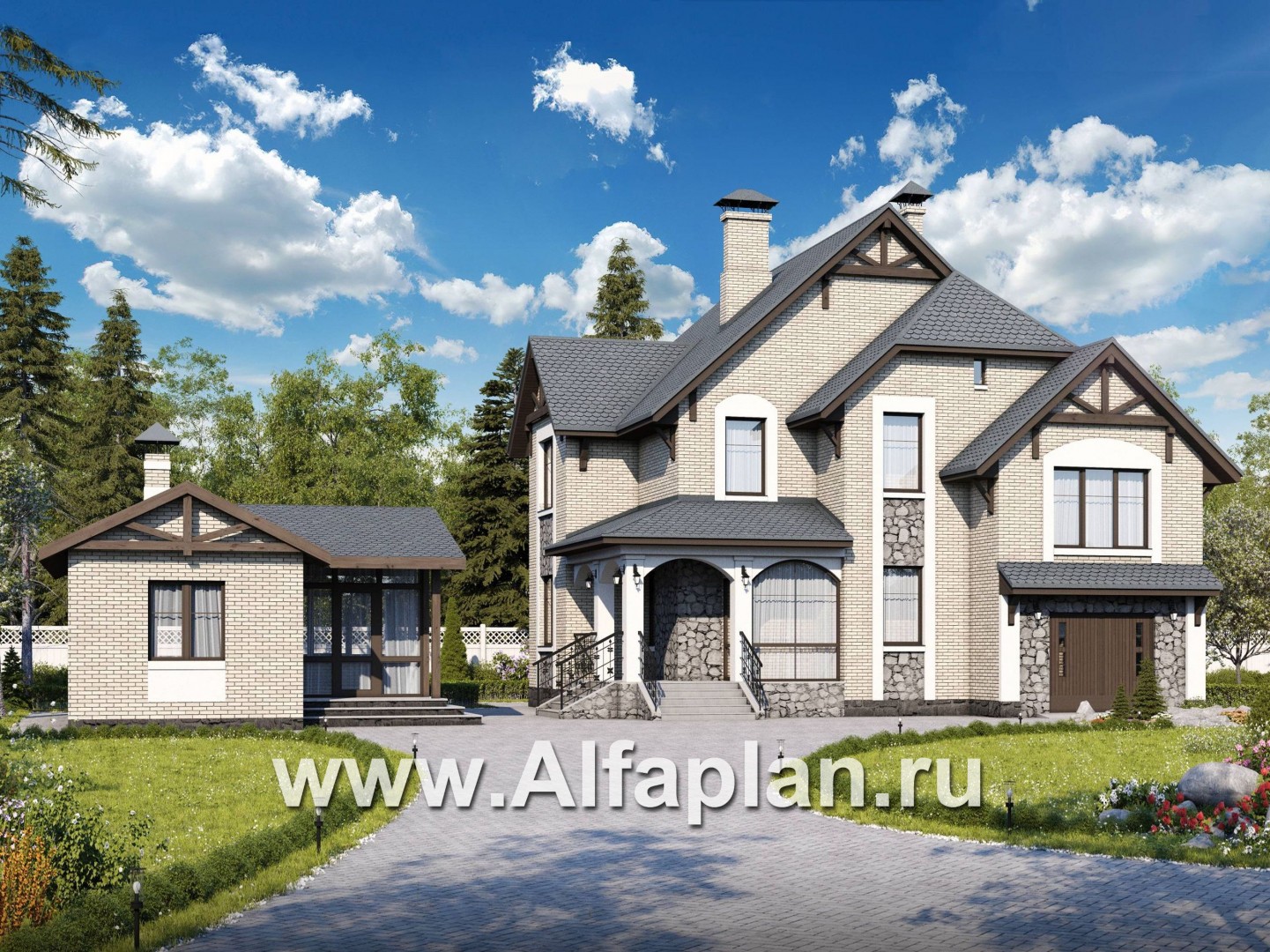 «Кленовый лист»_ДУО - проект двухэтажного коттеджа + проект бани с террасой - основное изображение