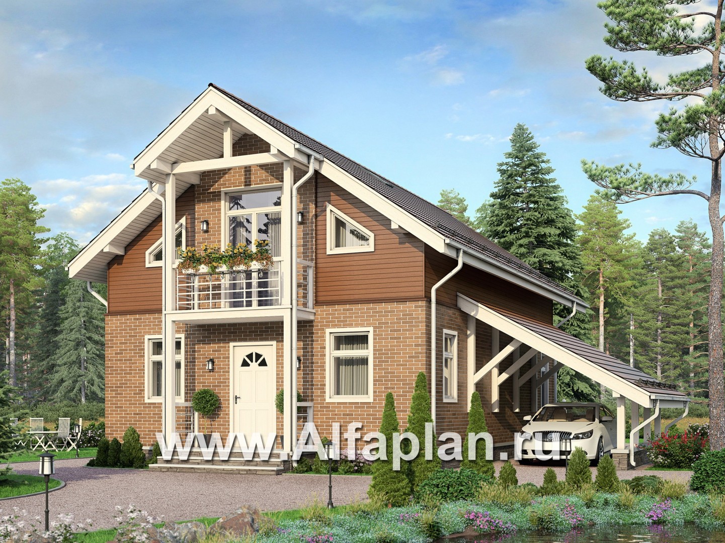 Проекты домов Альфаплан - Мансардный дом с террасой и навесом для машины - основное изображение