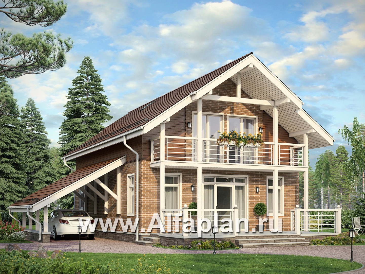 Проекты домов Альфаплан - Мансардный дом с террасой и навесом для машины - дополнительное изображение №1