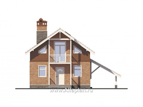 Проекты домов Альфаплан - Мансардный дом с террасой и навесом для машины - превью фасада №1
