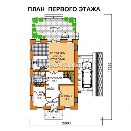 Проект дома с мансардой, из газобетона, с террасой и навесом на 1 авто - превью план дома