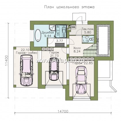 Проект трехэтажного дома из газобетона «Аура», с гаражом на 2 авто в цоколе, с сауной, в современном стиле - превью план дома