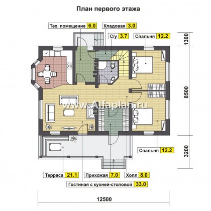 Проект дома с мансардой, планировка две спальни на 1 эт, с террасой со стороны входа и с эркером - превью план дома