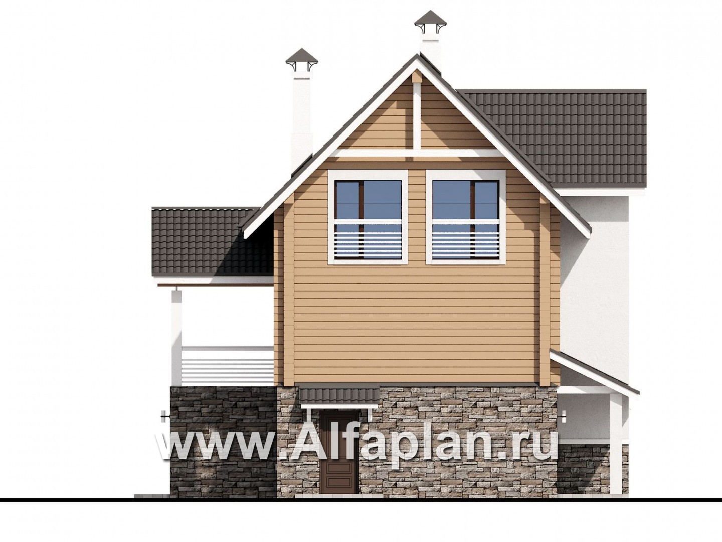 «АльфаВУД» - проект дома с мансардой, из дерева, на цоколе из кирпича, с гаражом - фасад дома