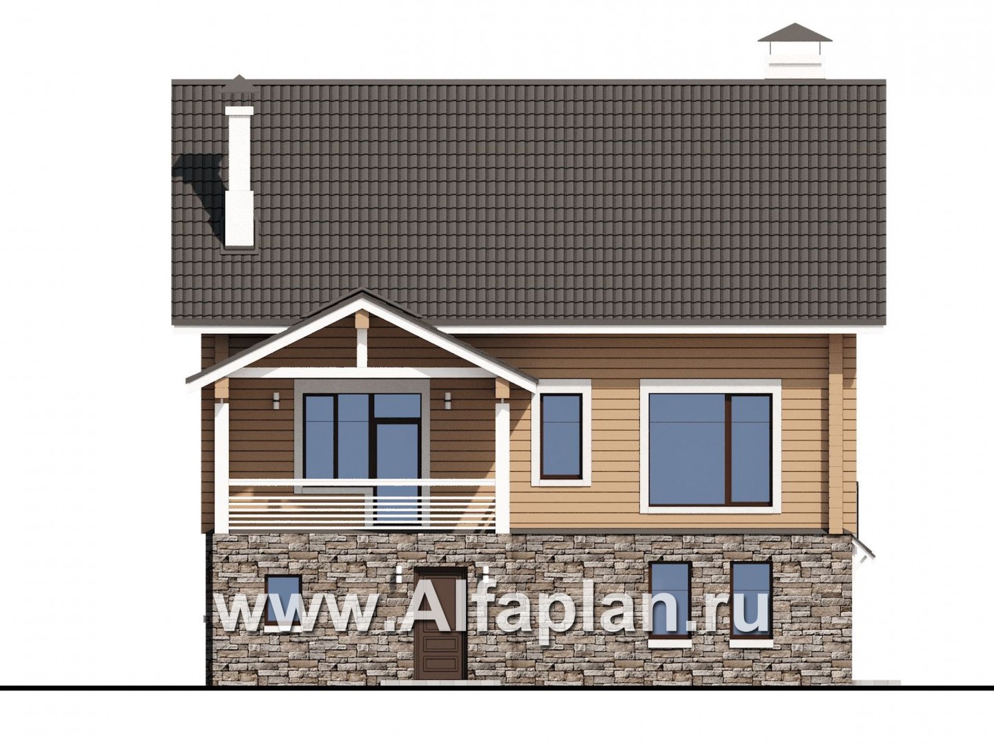 «АльфаВУД» - проект дома с мансардой, из дерева, на цоколе из кирпича, с гаражом - фасад дома