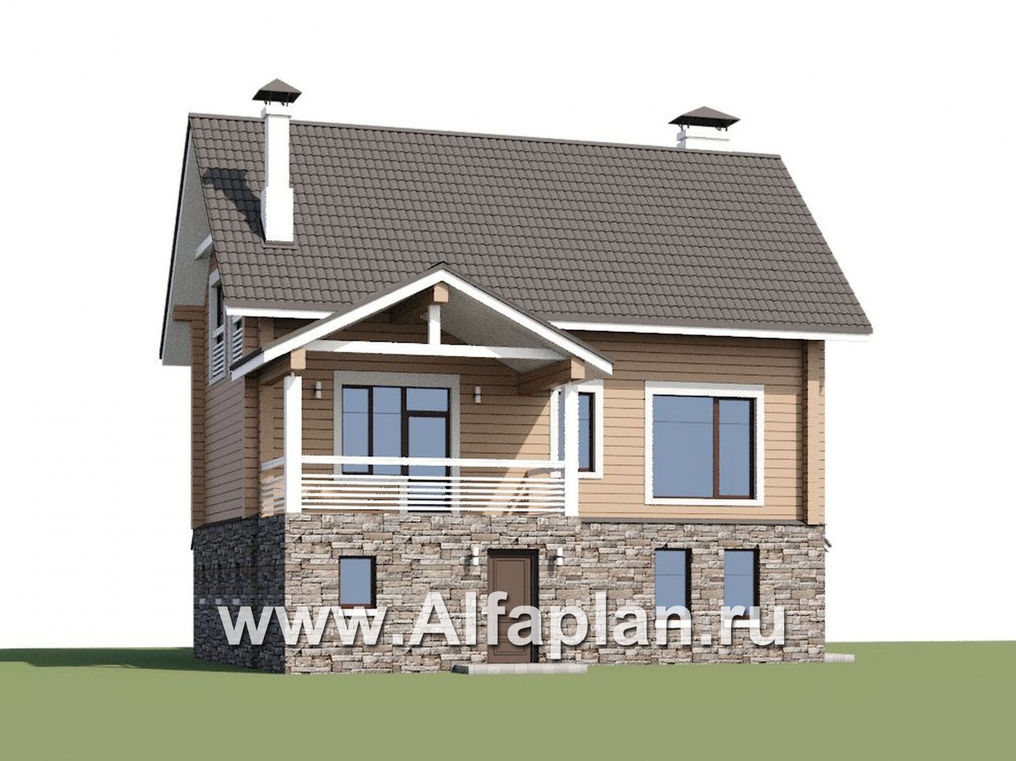 «АльфаВУД» - проект дома с мансардой, из дерева, на цоколе из кирпича, с гаражом - дизайн дома №1