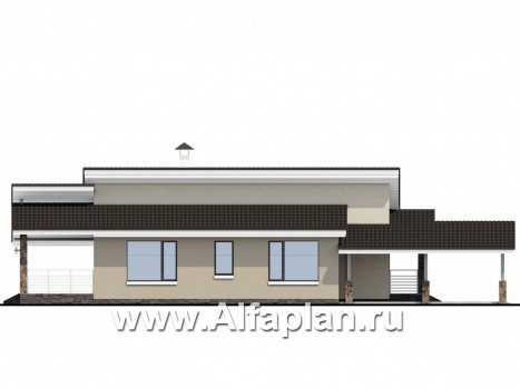 «Дриада» - проект одноэтажного дома, с террасой, с навесом на 1 авто, в современном стиле - превью фасада дома