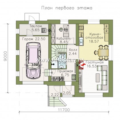 Проект дома с мансардой из газобетона «Оптима», планировка 3 спальни, с гаражом - превью план дома