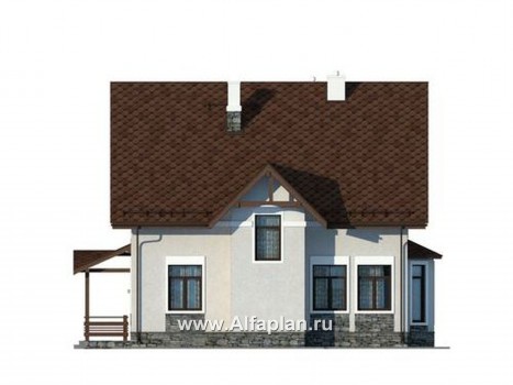 Проект дома из газобетона с мансардой, план с верандой, с камином и с эркером - превью фасада дома