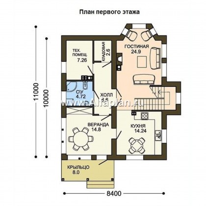 Проект дома из газобетона с мансардой, план с верандой, с камином и с эркером - превью план дома