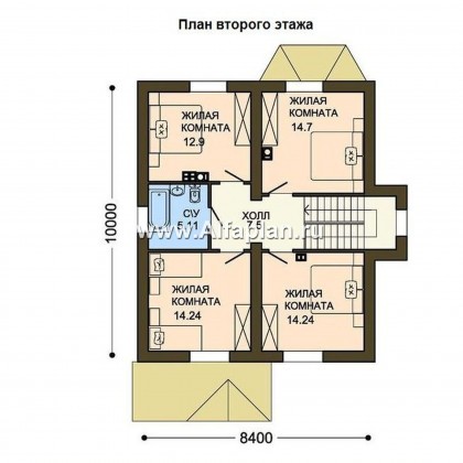 Проект дома из газобетона с мансардой, план с верандой, с камином и с эркером - превью план дома