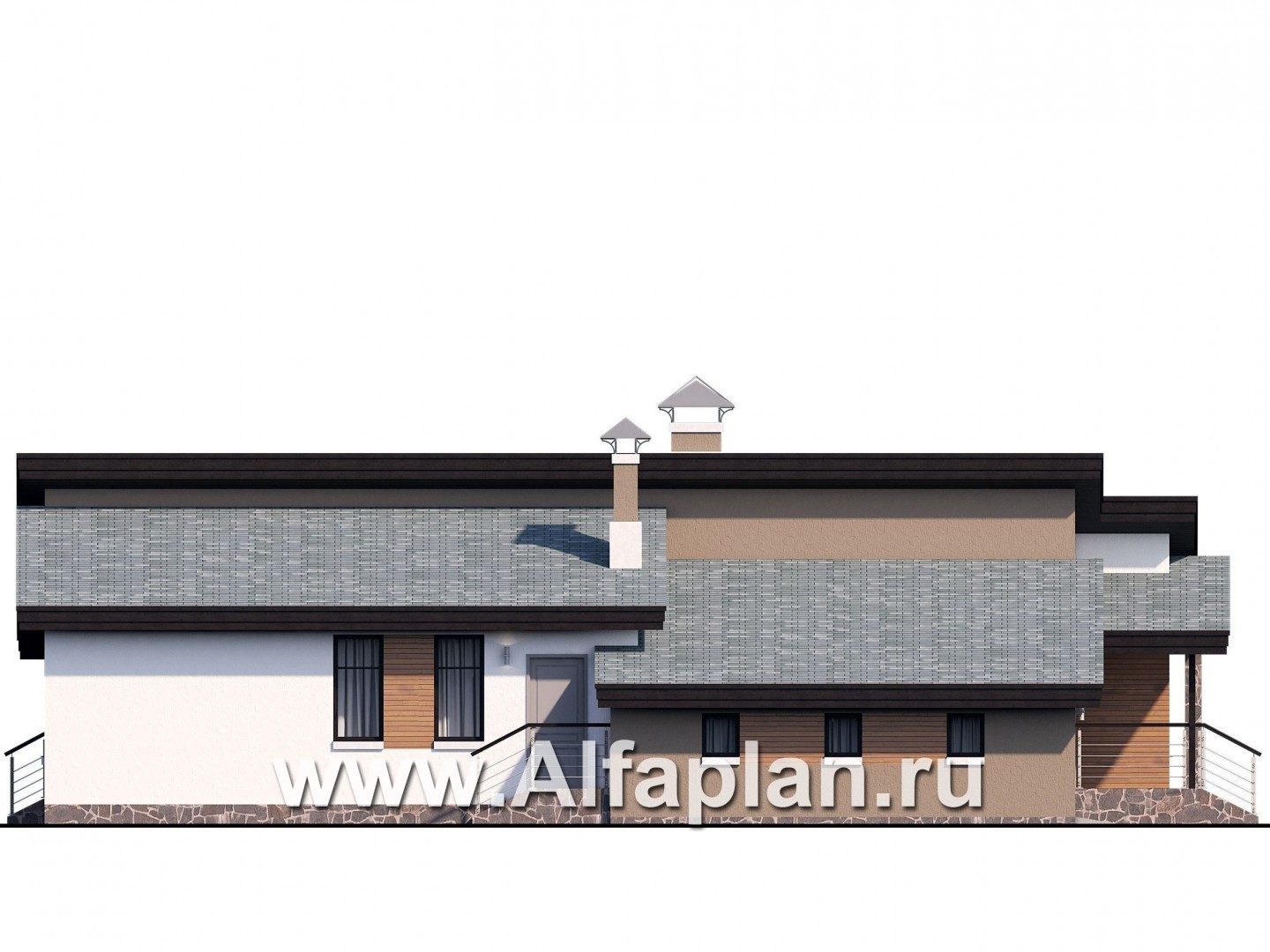 Проекты домов Альфаплан - «Санта-Моника» — одноэтажный коттедж с большим гаражом и террасой - изображение фасада №3