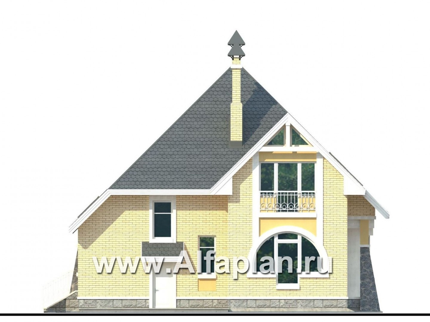 Проекты домов Альфаплан - «Свой остров» - коттедж с полукруглой гостиной и мансардными окнами - изображение фасада №4