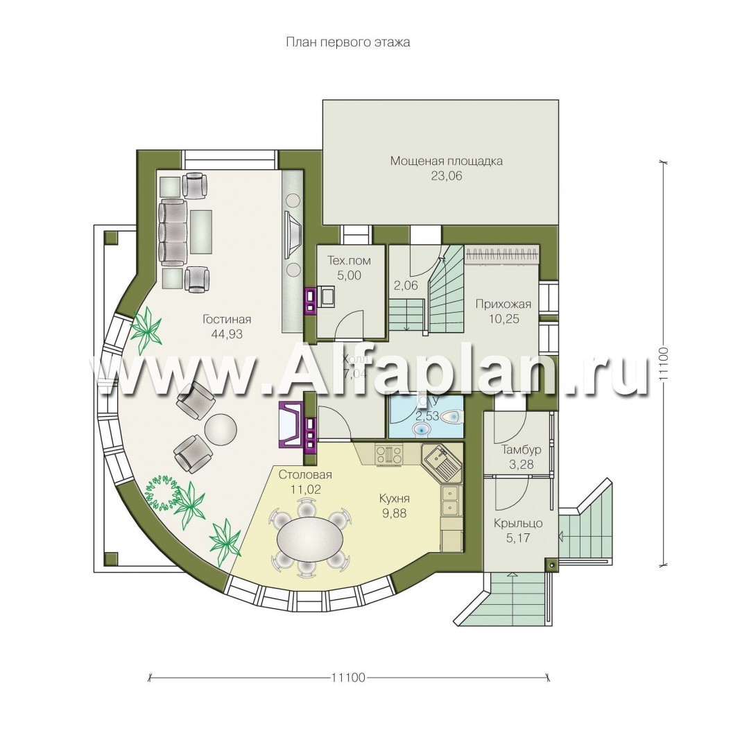 Проекты домов Альфаплан - «Свой остров» - коттедж с полукруглой гостиной и мансардными окнами - изображение плана проекта №1