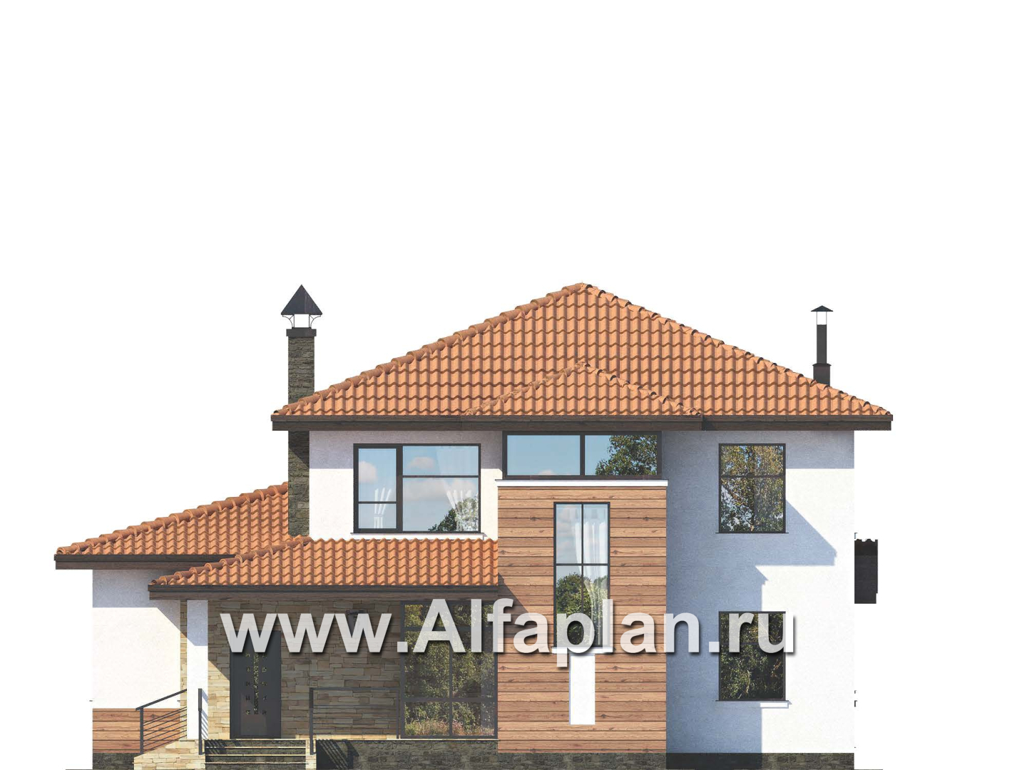 Проекты домов Альфаплан - «Фортуна» - современный коттедж с высокой гостиной - изображение фасада №1