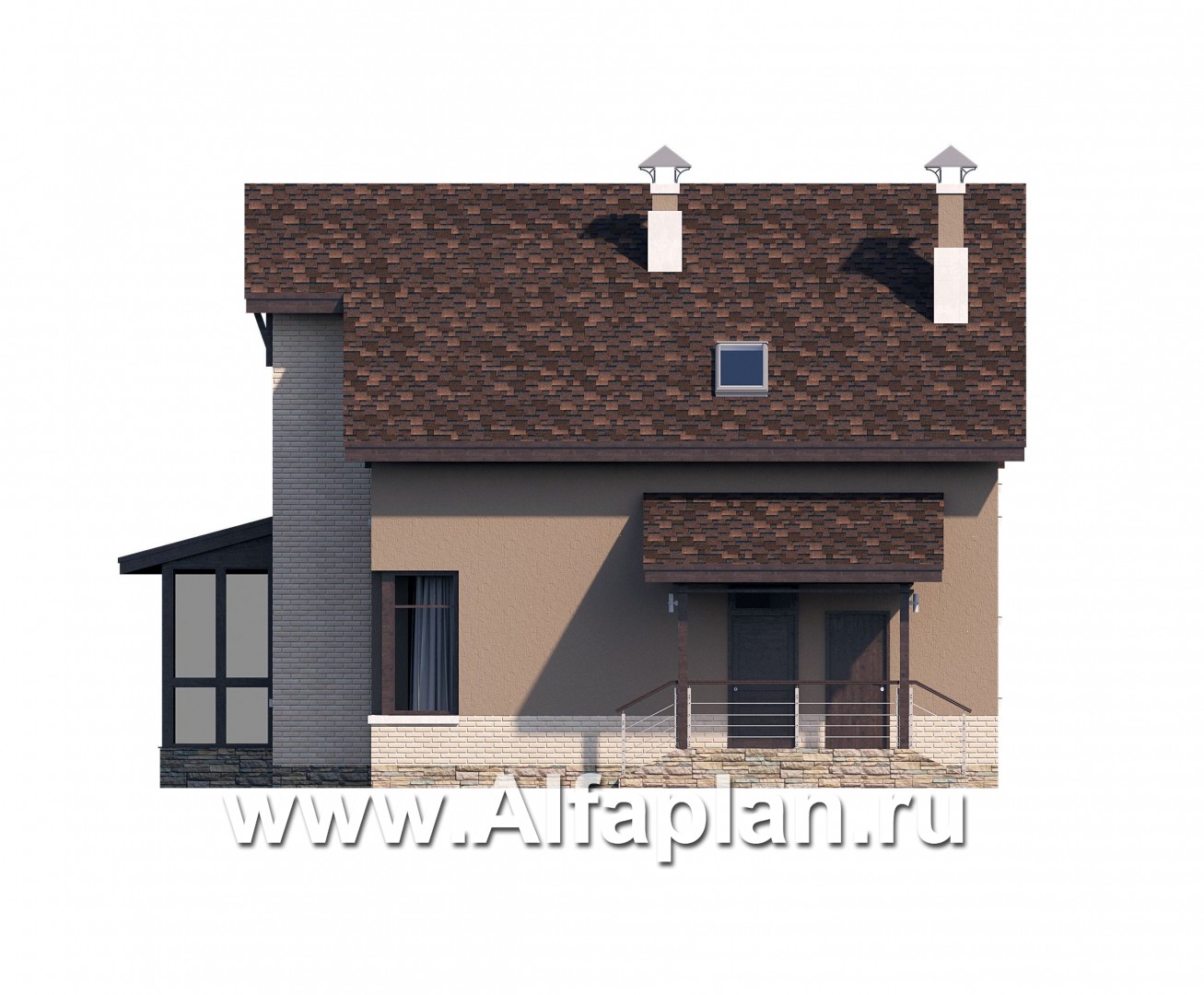 Проекты домов Альфаплан - «Регата» - проект дома с мансардой, столовая со вторым светом, с террасой, мастер спальня - изображение фасада №2
