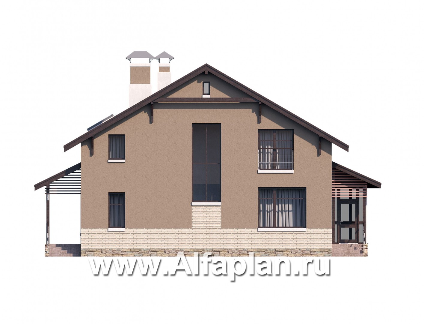 Проекты домов Альфаплан - «Регата» - проект дома с мансардой, столовая со вторым светом, с террасой, мастер спальня - изображение фасада №4