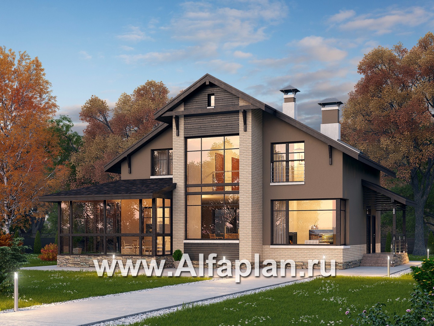 Проекты домов Альфаплан - «Регата» - проект дома с мансардой, столовая со вторым светом, с террасой, мастер спальня - основное изображение