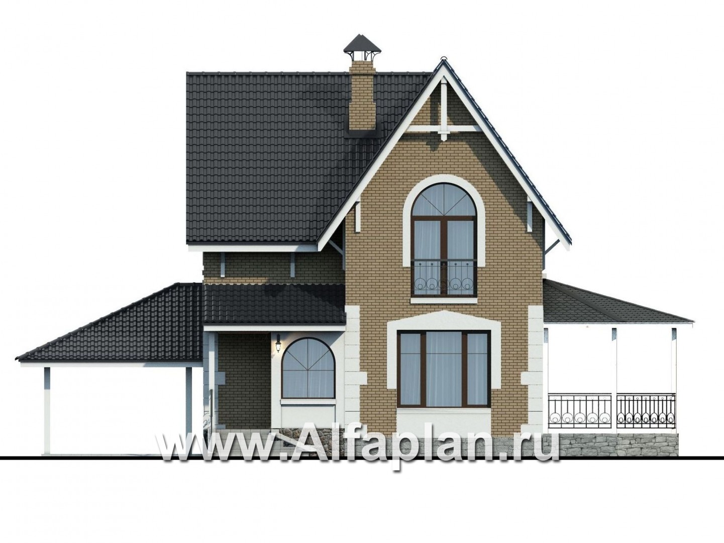 Проекты домов Альфаплан - Проект дома с мансардой из газобетона «Оптима», с террасой и гаражом - изображение фасада №1