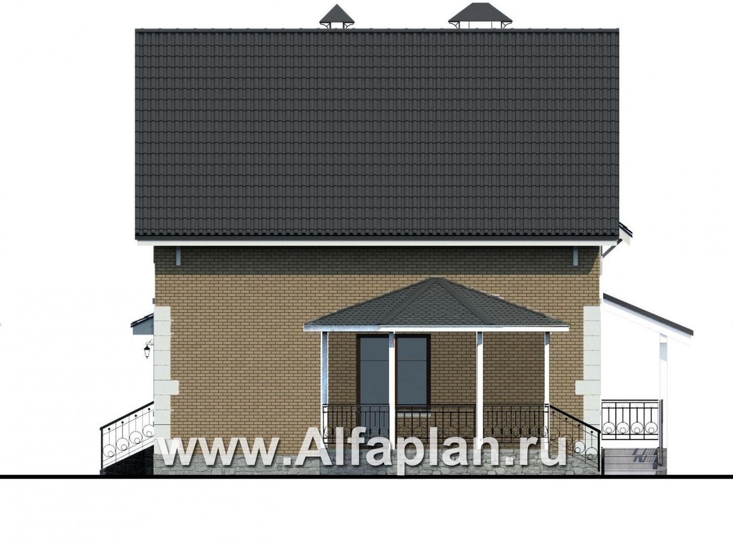Проекты домов Альфаплан - Проект дома с мансардой из газобетона «Оптима», с террасой и гаражом - изображение фасада №2