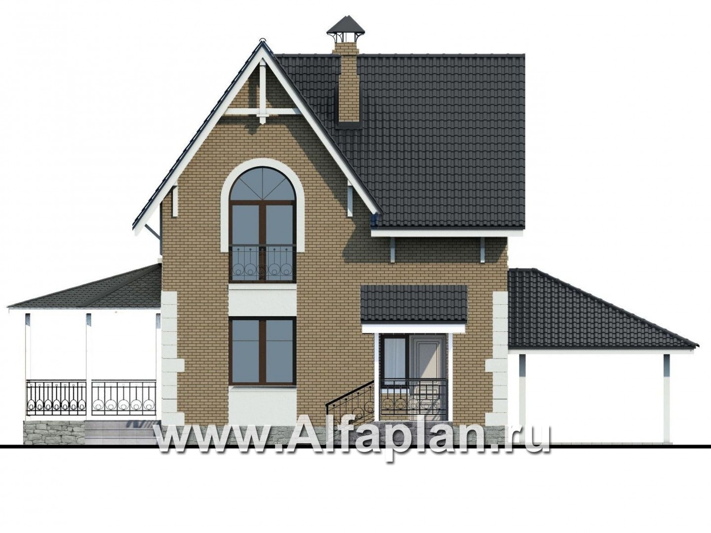 Проекты домов Альфаплан - Кирпичный дом «Оптима» с навесом и террасой - изображение фасада №4