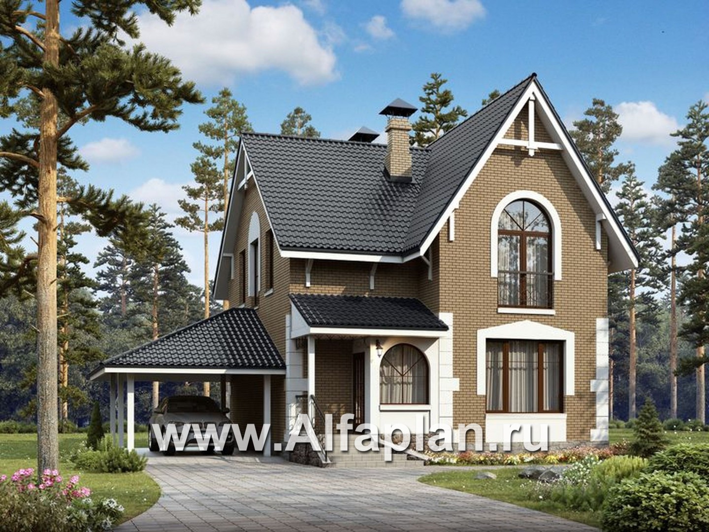 Проекты домов Альфаплан - Проект дома с мансардой из газобетона «Оптима», с террасой и гаражом - основное изображение