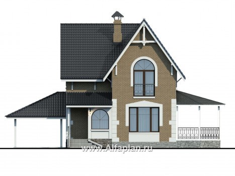 Проекты домов Альфаплан - Проект дома с мансардой из газобетона «Оптима», с террасой и гаражом - превью фасада №1