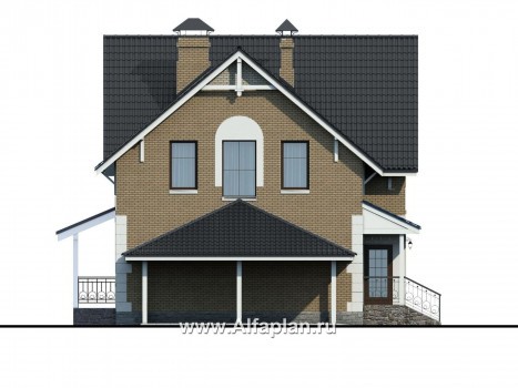 Проекты домов Альфаплан - Проект дома с мансардой из газобетона «Оптима», с террасой и гаражом - превью фасада №3