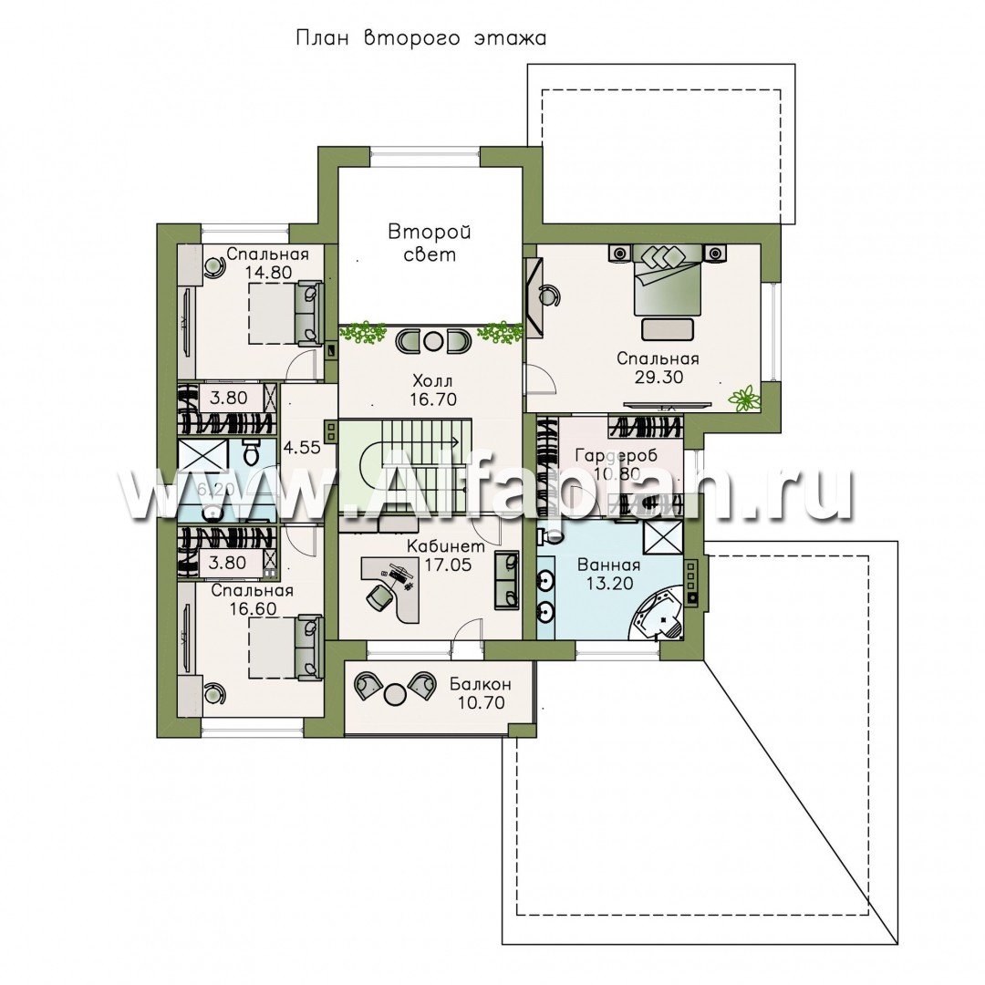 Проекты домов Альфаплан - «Неман» - загородная вилла с двусветной гостиной и большим гаражом - изображение плана проекта №2